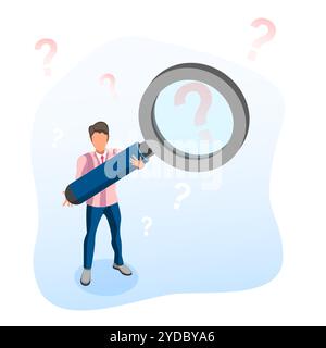 Illustrazione concettuale piatta isometrica 3D della ricerca di una soluzione, domande frequenti. Illustrazione concettuale piatta isometrica 3D di Searchi Foto Stock