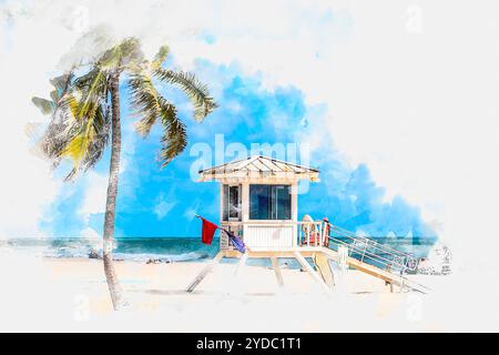 Dipinto ad acquerello della torre del bagnino a Fort Lauderdale Foto Stock