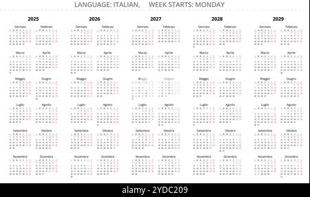 2025, 2026, 2027, 2028, 2029 calendari verticali italiani (calendario italiano). Serie di anni di illustrazione vettoriale modificabile semplice per l'Italia Illustrazione Vettoriale