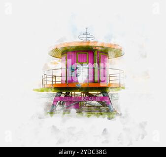 Illustrazione di pittura di acquerello della torre di bagnino in South Beach a Fort Lauderdale Florida, Stati Uniti Foto Stock