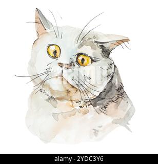 Acquerello disegnata a mano di illustrazione della triste carino piccolo gatto. Acquerello disegnata a mano Foto Stock