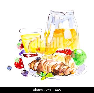 Prima colazione di croissant al cioccolato, tè, frutta, frutti di bosco, mela, succo d'arancia. Acquerello dipinto a mano isolato su bianco Foto Stock