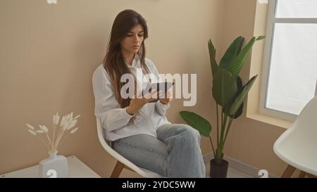 Una bella giovane donna con i capelli bruna si siede in una sala d'attesa interna, guardando attentamente un tablet accanto a una pianta e a un tavolino. Foto Stock