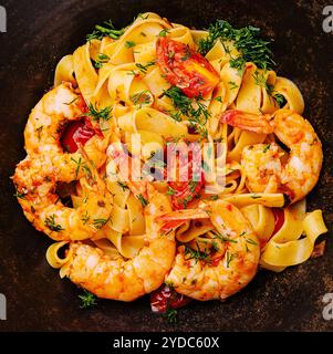 Pasta italiana con gamberetti nel recipiente Foto Stock