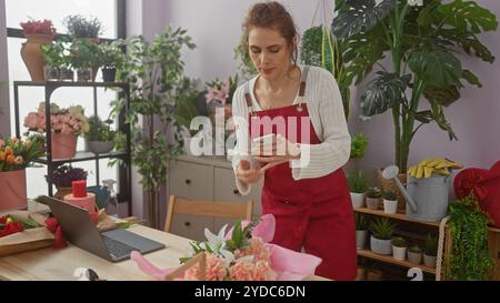 Una giovane fiorista in grembiule rosso che utilizza uno smartphone tra fiori vivaci al coperto in un negozio di fiori Foto Stock