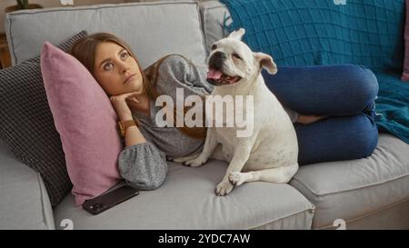 Una giovane e bella donna bionda si rilassa nel soggiorno di casa sua con il suo cane sul divano. Foto Stock