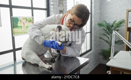 Un giovane, biondo, veterinario donna in una clinica bianca esamina un cane bianco con guanti blu su un tavolo di metallo in una stanza di ospedale veterinario. Foto Stock