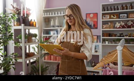 Donna dai capelli biondi che indossa occhiali si concentra su un portadocumenti mentre lavora in un negozio di arredamento splendidamente decorato con vari articoli ordinatamente arran Foto Stock