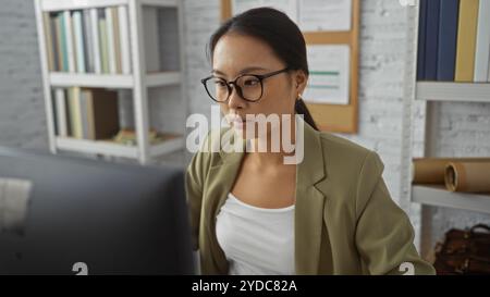 Donna asiatica che lavora al computer in ufficio, indossa occhiali, sembra concentrata, con scaffali e documenti in background. Foto Stock