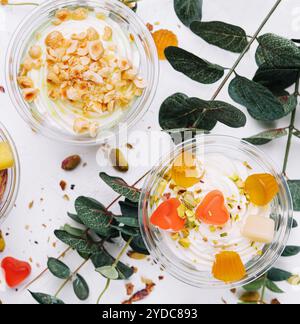 Gelato al cioccolato e alla vaniglia con pistacchio, mango e gelatina Foto Stock