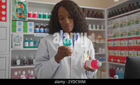 Una giovane farmacista afroamericana esamina due bottiglie di medicinali all'interno di un negozio di farmacia luminoso e organizzato. Foto Stock