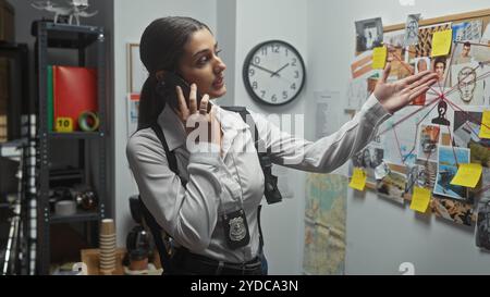 Detective ispanica che analizza le prove nell'ufficio del crimine del dipartimento di polizia. Foto Stock