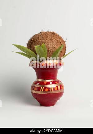 Pentola decorativa di argilla rossa con noce di cocco e foglie verdi visualizzate su uno sfondo semplice Foto Stock