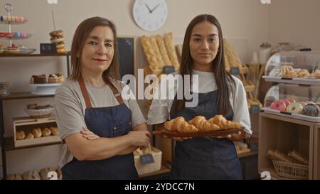 Due fornai donne in un negozio di panetteria stanno insieme tenendo pasticcini, mostrando i loro prodotti circondati da prodotti appena sfornati in un ambiente interno. Foto Stock