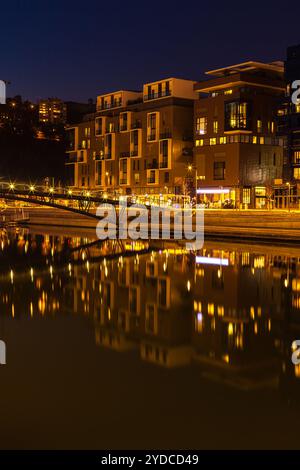 Il Confluence District di Lione, in Francia di notte Foto Stock