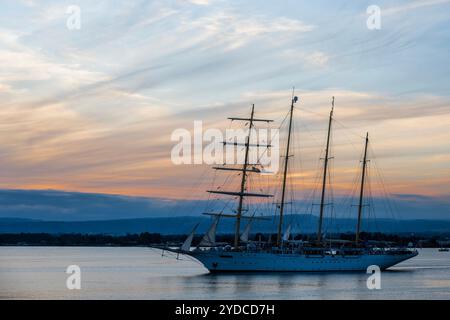 Sicilia, Italia. 25 ottobre 2024. Star Flyer, una nave Star Clipper, lascia il porto mentre il sole tramonta sul porto. Si tratta di moderne navi da crociera create per i passeggeri che amano le tradizioni dell'era delle navi a vela. Le navi sono lunghe 115 metri e trasportano 166 ospiti. Autunno a Siracusa, Sicilia, Italia. Crediti: Guy Bell/Alamy Live News Foto Stock