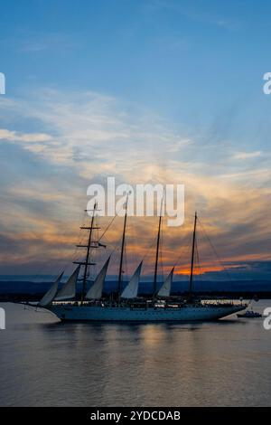 Sicilia, Italia. 25 ottobre 2024. Star Flyer, una nave Star Clipper, lascia il porto mentre il sole tramonta sul porto. Si tratta di moderne navi da crociera create per i passeggeri che amano le tradizioni dell'era delle navi a vela. Le navi sono lunghe 115 metri e trasportano 166 ospiti. Autunno a Siracusa, Sicilia, Italia. Crediti: Guy Bell/Alamy Live News Foto Stock