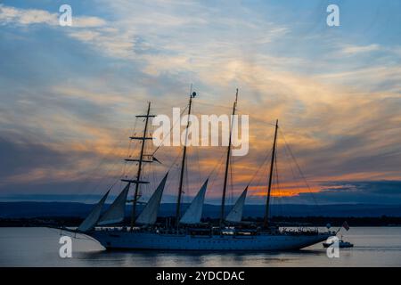 Sicilia, Italia. 25 ottobre 2024. Star Flyer, una nave Star Clipper, lascia il porto mentre il sole tramonta sul porto. Si tratta di moderne navi da crociera create per i passeggeri che amano le tradizioni dell'era delle navi a vela. Le navi sono lunghe 115 metri e trasportano 166 ospiti. Autunno a Siracusa, Sicilia, Italia. Crediti: Guy Bell/Alamy Live News Foto Stock