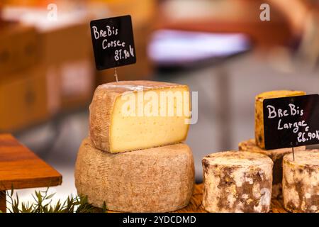 Pezzi di formaggi diversi in un mercato francese locale Foto Stock