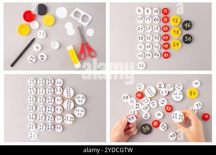 Tappi per bottiglie in plastica con tabelle di moltiplicazione scritte a mano disposte in righe su sfondo grigio. Strumento di apprendimento matematico fai da te per l'educazione dei bambini e Foto Stock