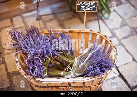 Mazzi di fiori di lavanda in vendita all'aperto il mercato francese Foto Stock