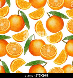 Acquerello motivo senza cuciture di arance, mandarini, metà e fette su sfondo bianco. Ingredienti per succhi, VIN brulé, ricette, marmellata, conserve, composte. Stampa tipografica, tessuti Foto Stock