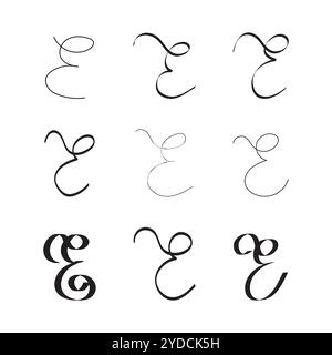 Set alfabeto calligrafico scritto a mano con lettera iniziale per marchio con logo Illustrazione Vettoriale