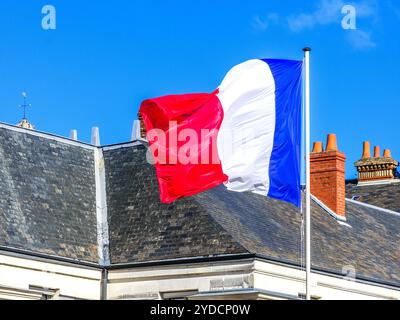 Tricolore / le Tricolore bandiera nazionale della Francia che sventola in una brezza - Tours, Indre-et-Loire (37), Francia. Foto Stock