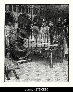 Una vecchia incisione Re Giovanni incontra i baroni inglesi, armati del loro documento «The Articles of the Barons» nel 1215, Inghilterra, Regno Unito. È tratto da un libro di storia vittoriana del 1900 circa. Il gruppo di potenti baroni non era più disposto a tollerare la leadership fallita e il governo dispotico di Giovanni. John inizialmente rifiutò di firmare la bozza del documento. Alla fine il grande sigillo del re fu attaccato ad esso il 15 giugno 1215 a Runnymede. In cambio, i baroni giurarono la loro lealtà a Giovanni. Un documento formale per registrare l'accordo fu redatto dalla cancelleria reale il 15 luglio - questa era l'originale Magna carta. Foto Stock