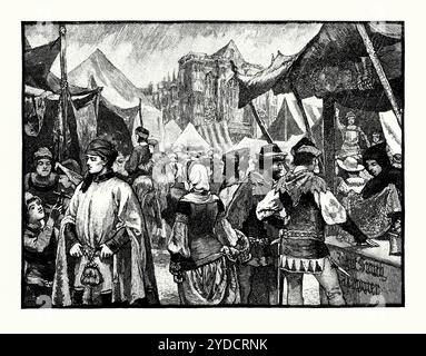 Un'antica incisione della fiera medievale di strada (charter fair) a Westminster, Londra, Inghilterra, Regno Unito. È tratto da un libro di storia vittoriana del 1900 circa. Qui la folla si fa strada attraverso le bancarelle del mercato organizzate dai commercianti per vendere le loro merci. Molte fiere charter risalgono al Medioevo, con il loro periodo d'oro che si svolge durante il XIII secolo. In origine, la maggior parte delle fiere charter iniziava come mercati di strada, ma includeva intrattenimento, come danza, musica o tornei. Sia le fiere che i mercati erano importanti centri della vita sociale medievale. Foto Stock