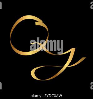 Calligrafia scritta a mano iniziale con lettera QJ in oro per Logo Brand Illustrazione Vettoriale