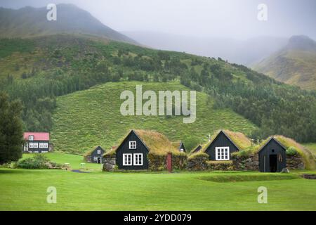 Case rurali islandesi sovrastate Foto Stock