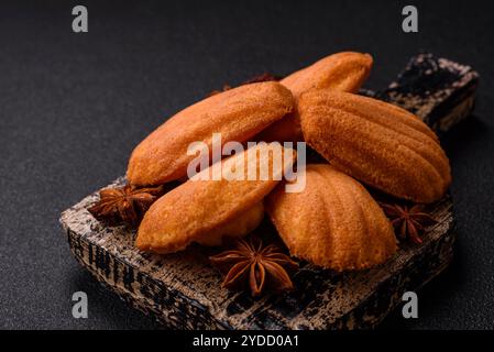 Tradizionali biscotti francesi madeleine con sapore di nocciola su sfondo di cemento scuro Foto Stock