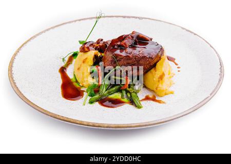 Bistecca con purè di patate e fagiolini Foto Stock