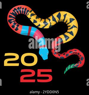 Carino serpente colorato. Felice simbolo cinese del biglietto d'auguri del nuovo anno 2025. Carattere zodiacale animale. Per calendari, volantini, Web. Illustrazione Vettoriale