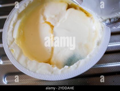 Dettaglio dello scatto del prodotto primo piano dello yogurt ammuffito non amabile in un contenitore di plastica Foto Stock