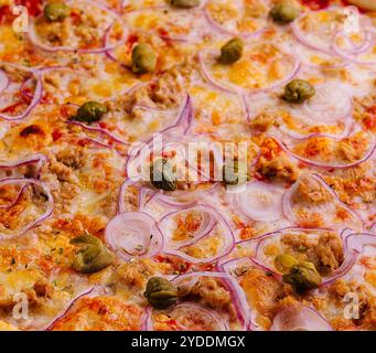 Delizioso tonno per pizza con pomodori, olive, cipolla e capperi Foto Stock