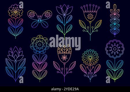 Set di fiori di stile lineare per creare progetti diversi. Illustrazione Vettoriale
