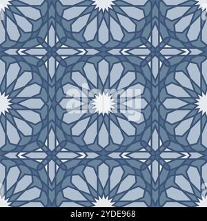 Ripetizione del modello geometrico islamico in blu con disegni floreali simmetrici. Motivo senza cuciture. Illustrazione Vettoriale