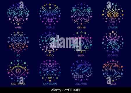 Raccolta di segni zodiacali creati in stile lineare. Illustrazione Vettoriale