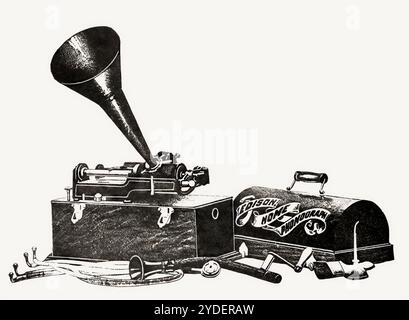 Illustrazione storica, XIX secolo, Home Phonograph, di Thomas Alva Edison, 1901 Foto Stock