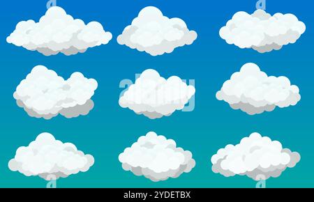 Set di nuvole, soffici nuvole bianche nel cielo blu Illustrazione Vettoriale
