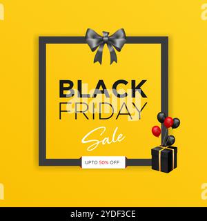 Banner, poster o modello di design per volantini per il Black Friday, banner tipografico con sfondo giallo Black Friday, bordo, nastro, palloncini Illustrazione Vettoriale