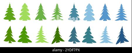 Una collezione di alberi di Natale in varie forme e colori, su sfondo bianco. Illustrazione vettoriale Illustrazione Vettoriale