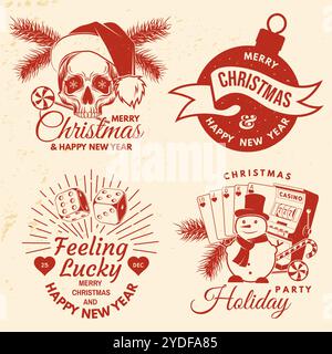 Set della serata al casinò Lucky Christmas. Stampa vintage, logo, badge con babbo natale, dadi del casinò, pupazzo di neve, carte da gioco da poker, slot machine e. Illustrazione Vettoriale