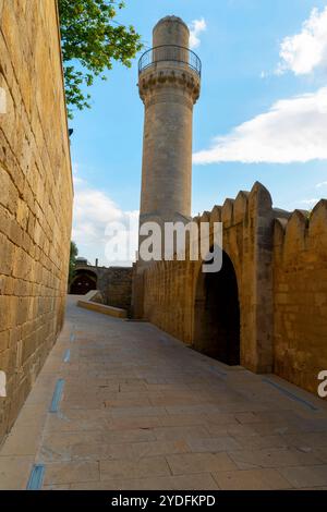 Palazzo Shirvanshahs e Minareto nella città vecchia di Baku, la capitale dell'Azerbaigian. Baku è una città dove il vecchio e il nuovo convivono in perfetta armonia Foto Stock