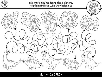 Labirinto bianco e nero di dinosauro per bambini con animali e loro scheletri. Attività stampabile preistorica delle linee. Dino Land labirinto gioco, puzzle, colori Illustrazione Vettoriale