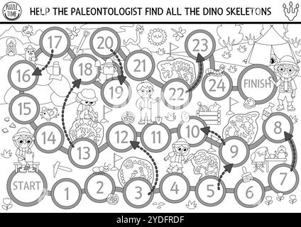 Gioco da tavolo in bianco e nero di dinosauro con paleontologi, scava il paesaggio. Gioco da tavolo preistorico con ragazzi archeologi, fossili, ossa. Dino Illustrazione Vettoriale