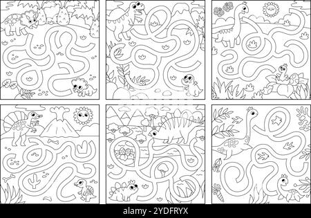 Labirinto di dinosauri bianco e nero per bambini con un paesaggio del mondo antico. Attività stampabile con linee preistoriche quadrate. Antico labirinto di terra, colo Illustrazione Vettoriale