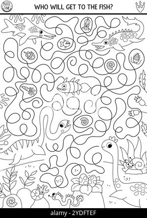 Labirinto bianco e nero di dinosauro marino per i bambini con il paesaggio del mondo antico. Attività preistorica stampabile con plesiosauro, mosasauro, pesce. Dino Illustrazione Vettoriale